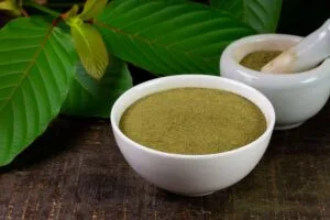 Bowl of kratom powder next to kratom leaves
